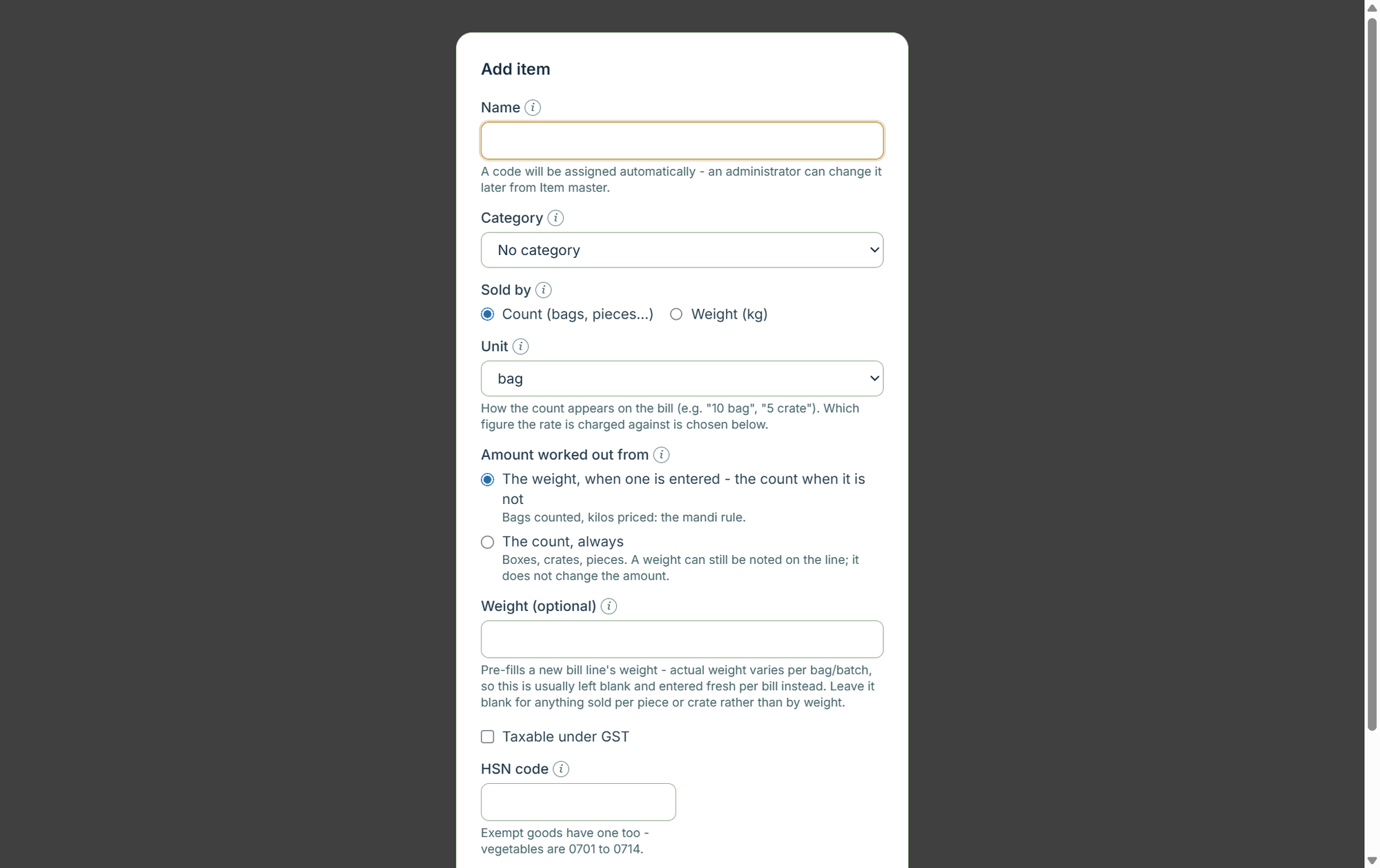 The Add item form showing unit, price, HSN, GST rate, barcode and minimum stock
