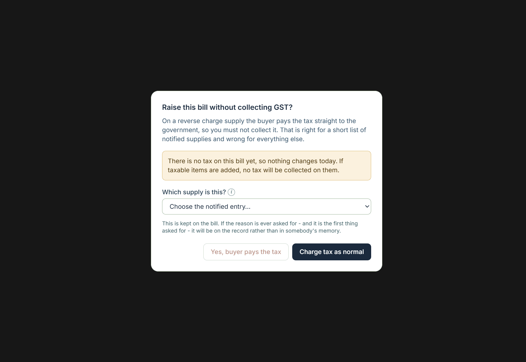 The warning shown before editing an issued GST bill