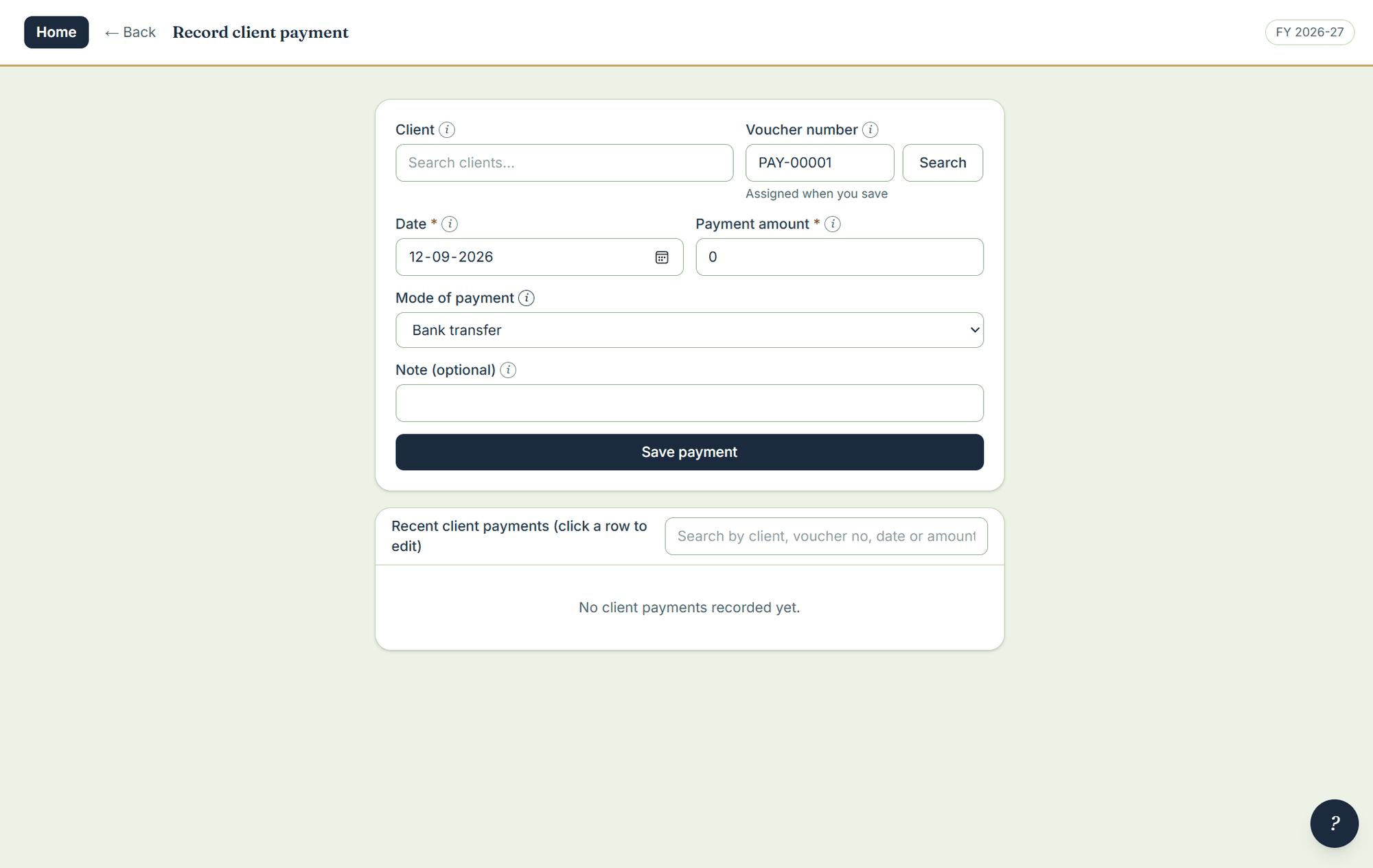 The record client payment screen with recent client payments listed beneath