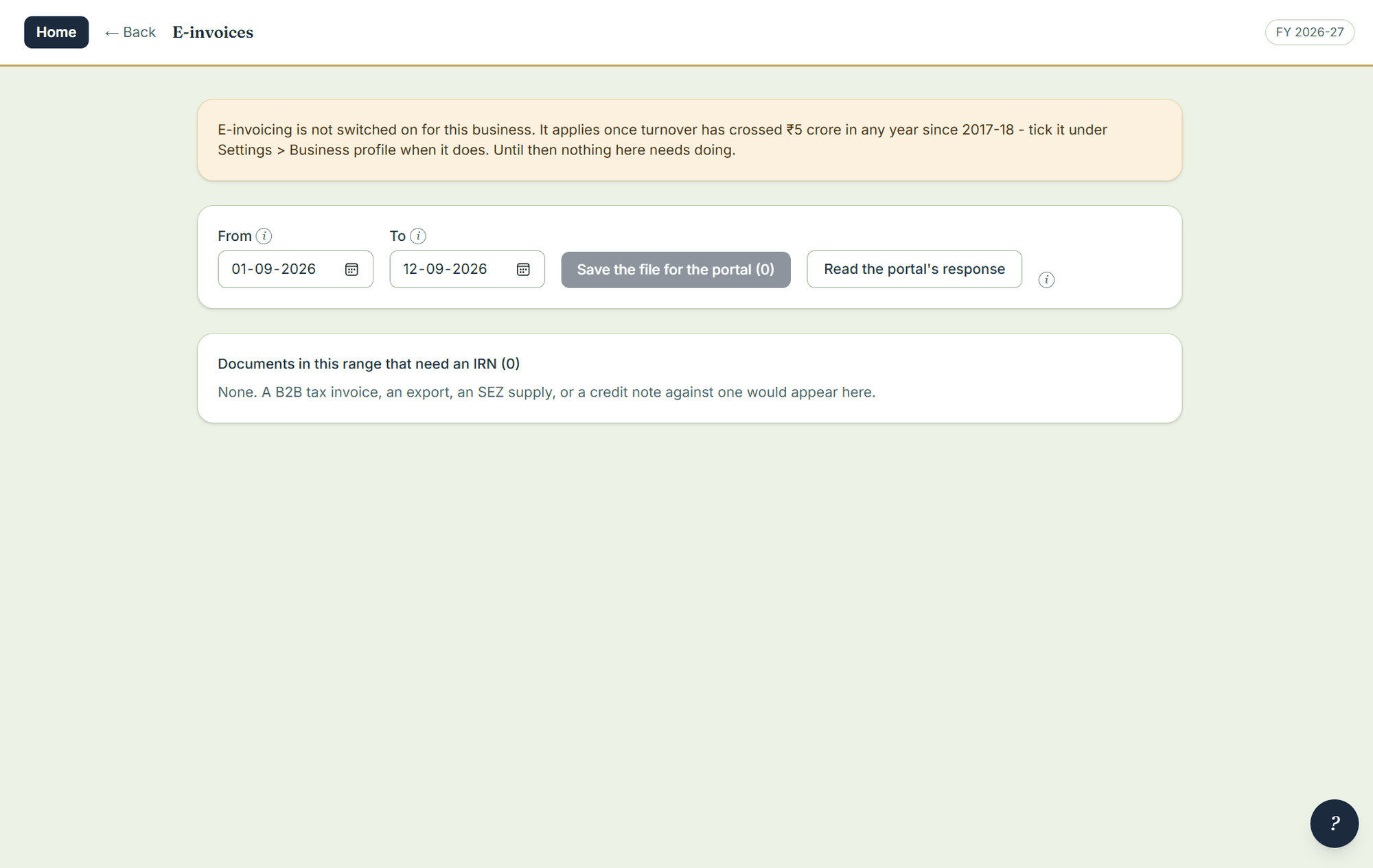 The e-invoices screen listing documents needing an IRN, shipping bill fields and the e-way bill card