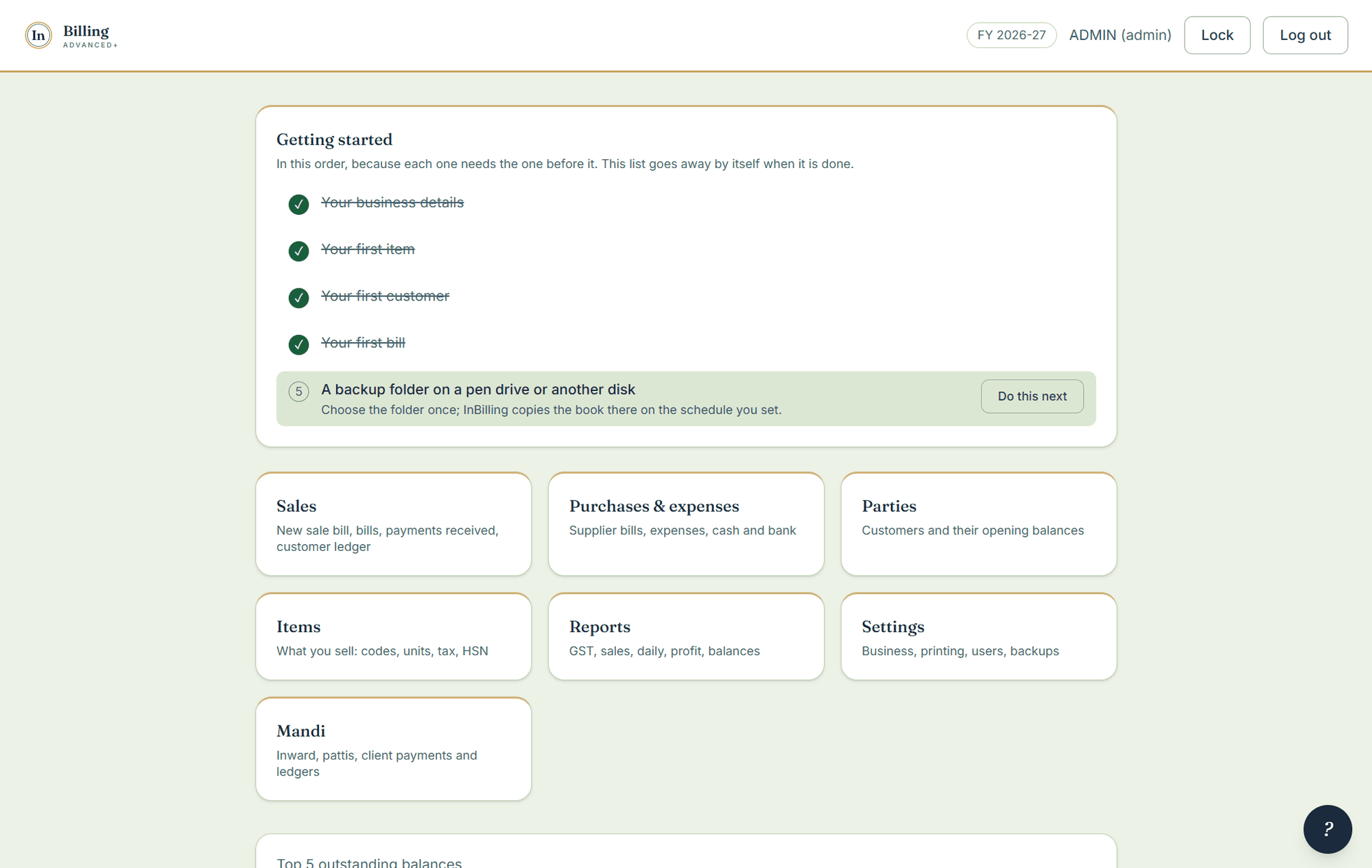 The InBilling home screen with the Sales, Purchases and expenses, Parties, Items, Reports, Settings and Mandi tiles