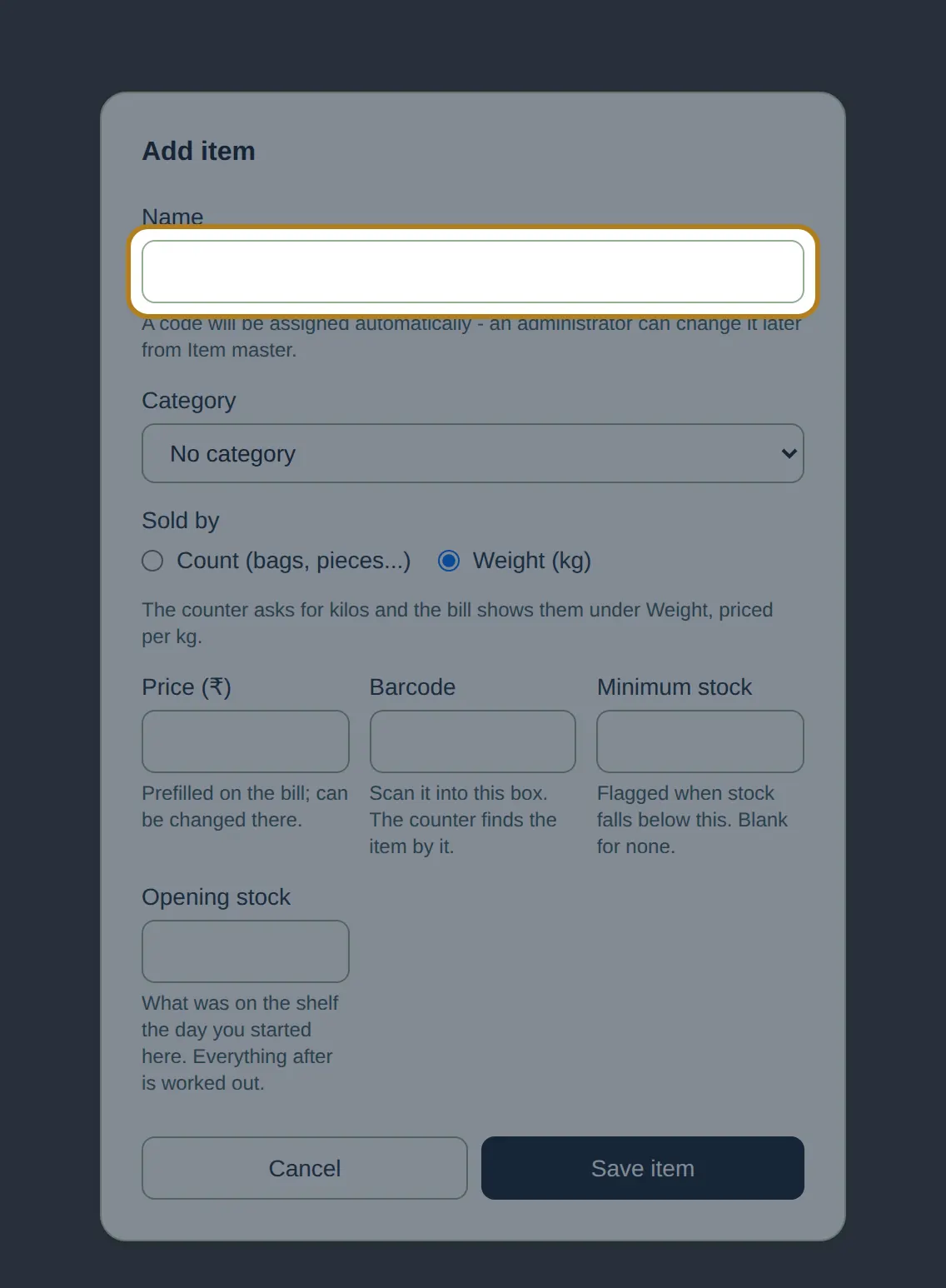 The InBilling Add item dialog, with the Name box empty