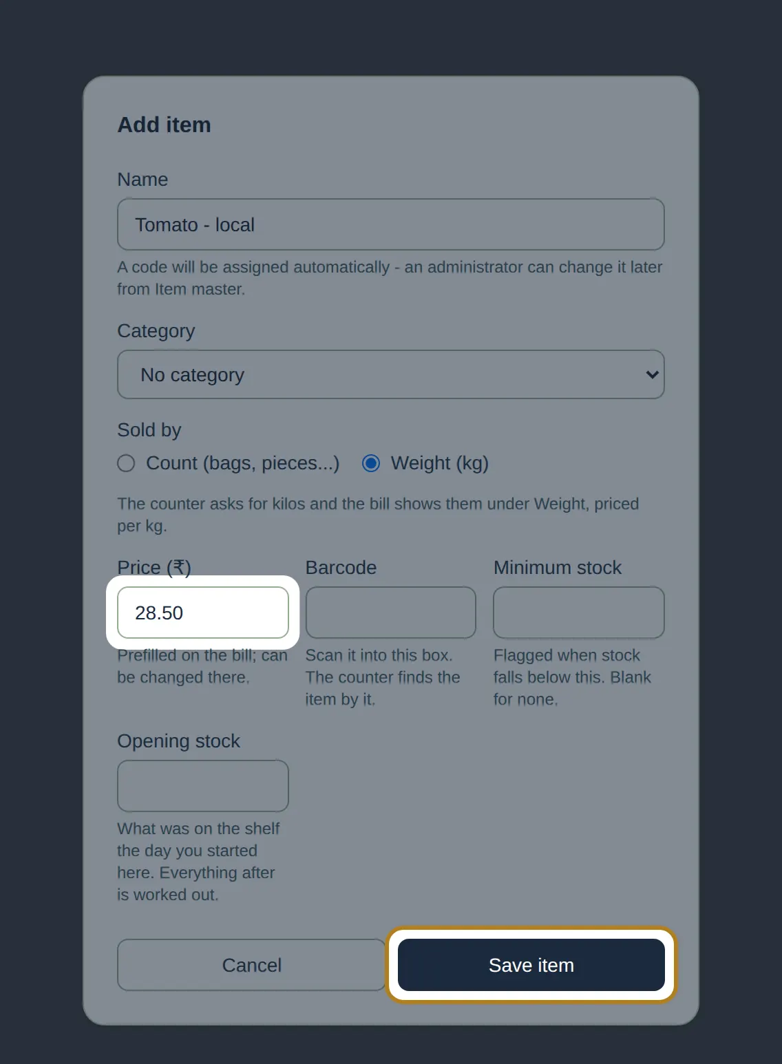 Save item highlighted at the bottom of the InBilling Add item dialog
