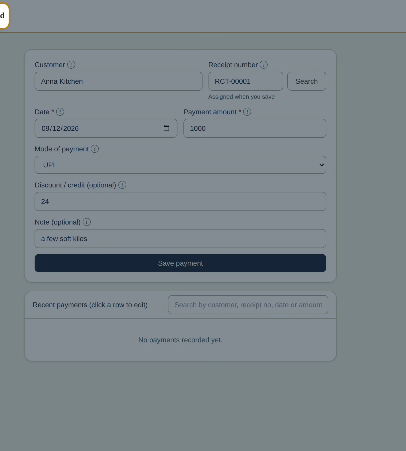 InBilling Payment received screen