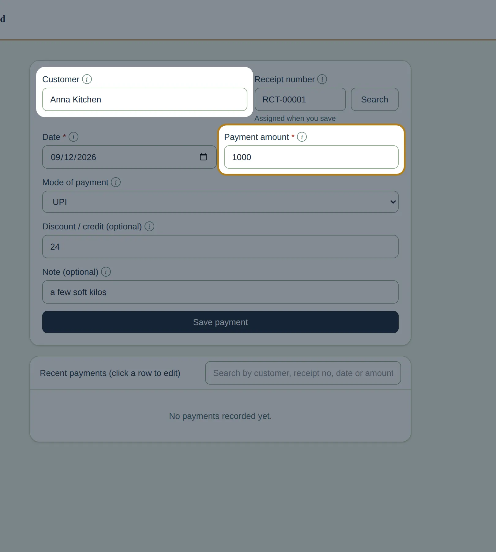 Customer and payment amount filled in