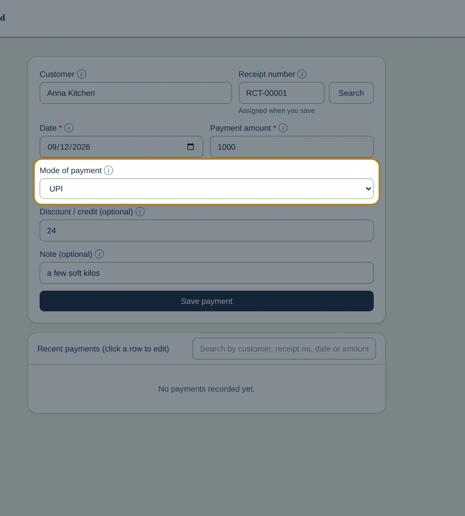 Mode of payment set to UPI