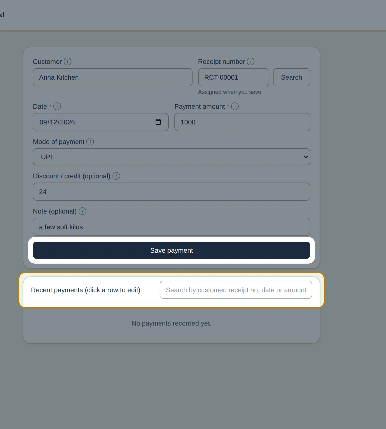 Save payment highlighted with the recent payments list below