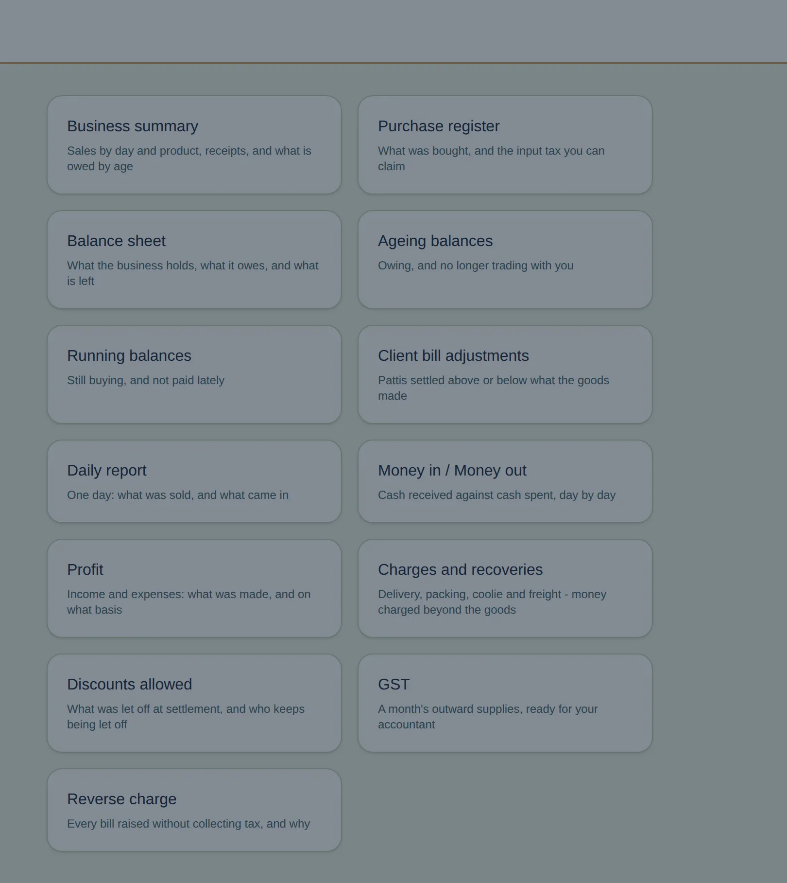 InBilling Reports screen for the financial year