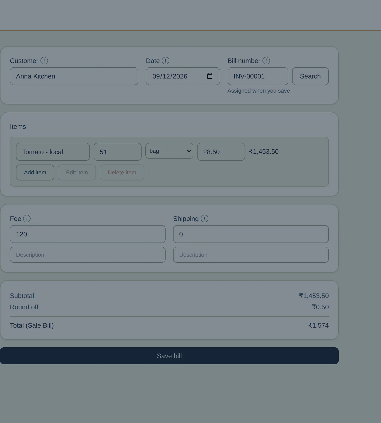 InBilling New sale bill screen, freshly opened