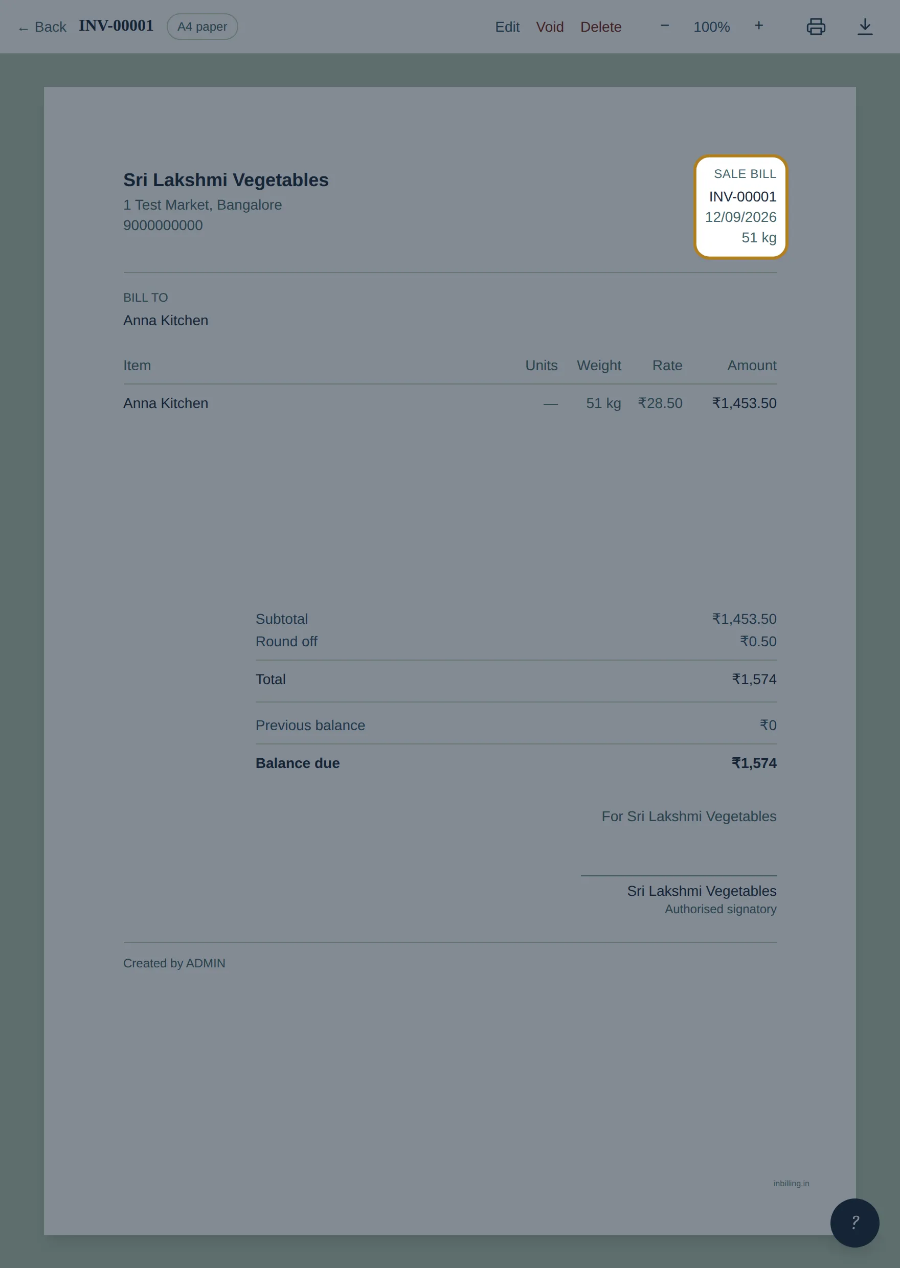 A saved InBilling sale bill, INV-00001