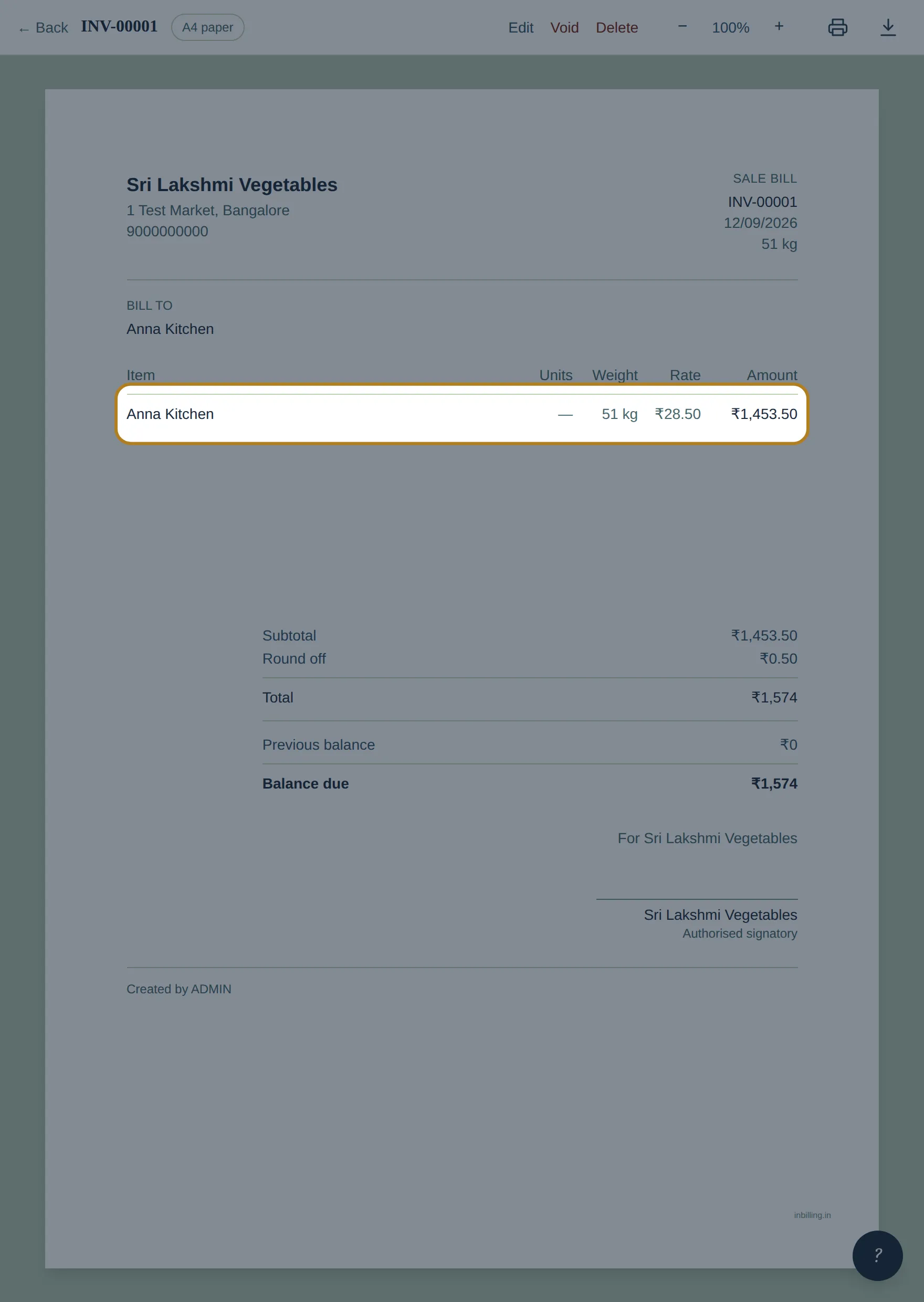 The billed-to name and the item line on the printed bill