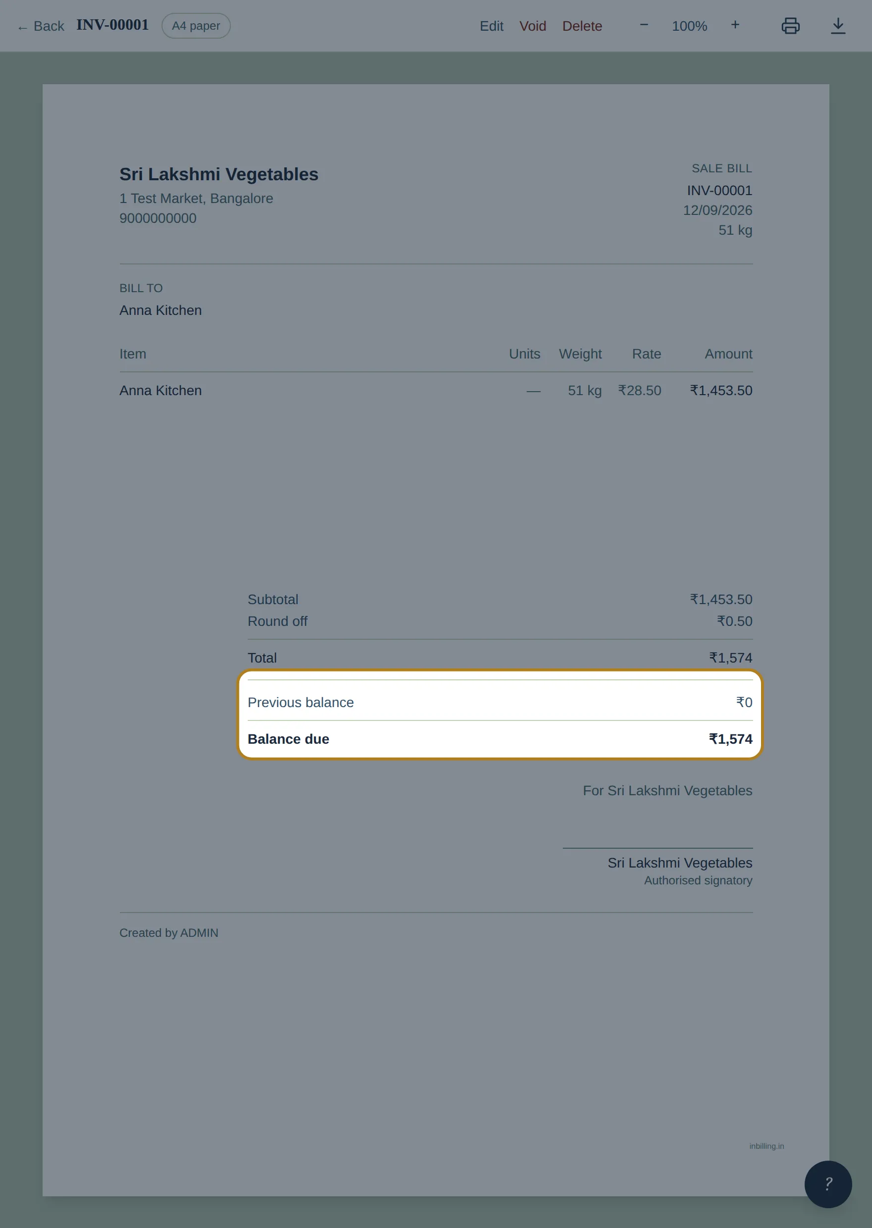 Subtotal, Round off, Total, Previous balance and Balance due