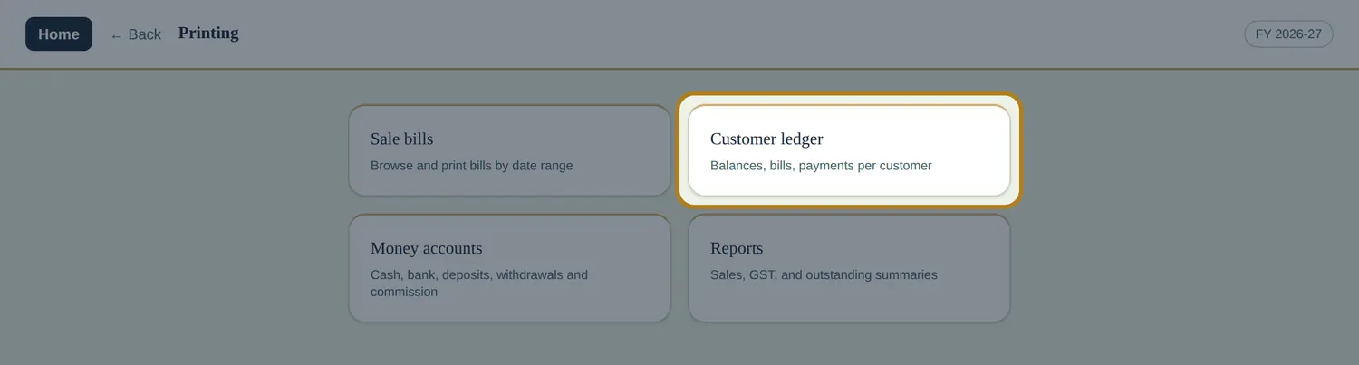 The InBilling Printing screen with the Customer ledger tile highlighted