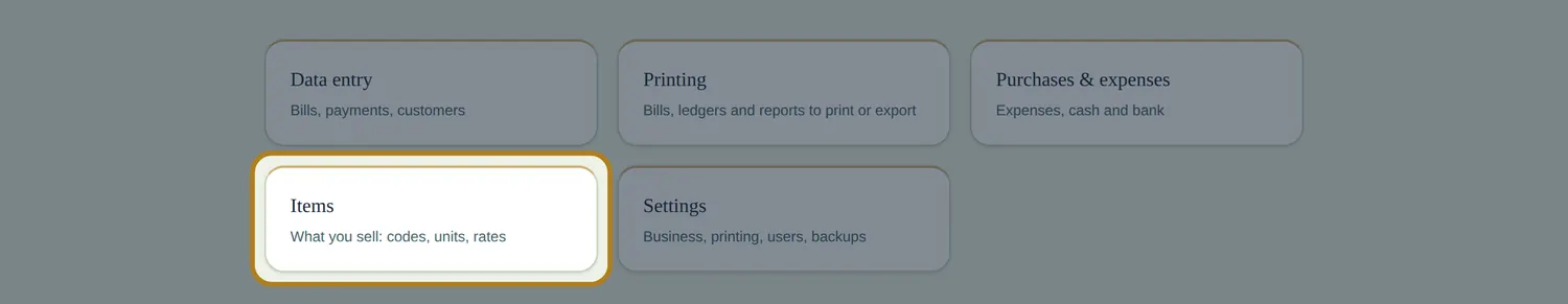 The InBilling home screen with the Items tile highlighted