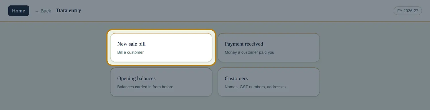 The InBilling Data entry screen with the New sale bill tile highlighted
