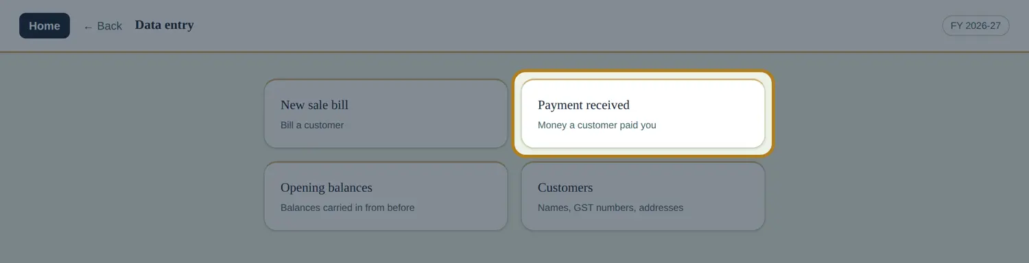 The InBilling Data entry screen with the Payment received tile highlighted