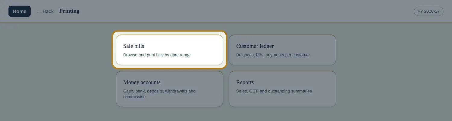 The InBilling Printing screen with the Sale bills tile highlighted