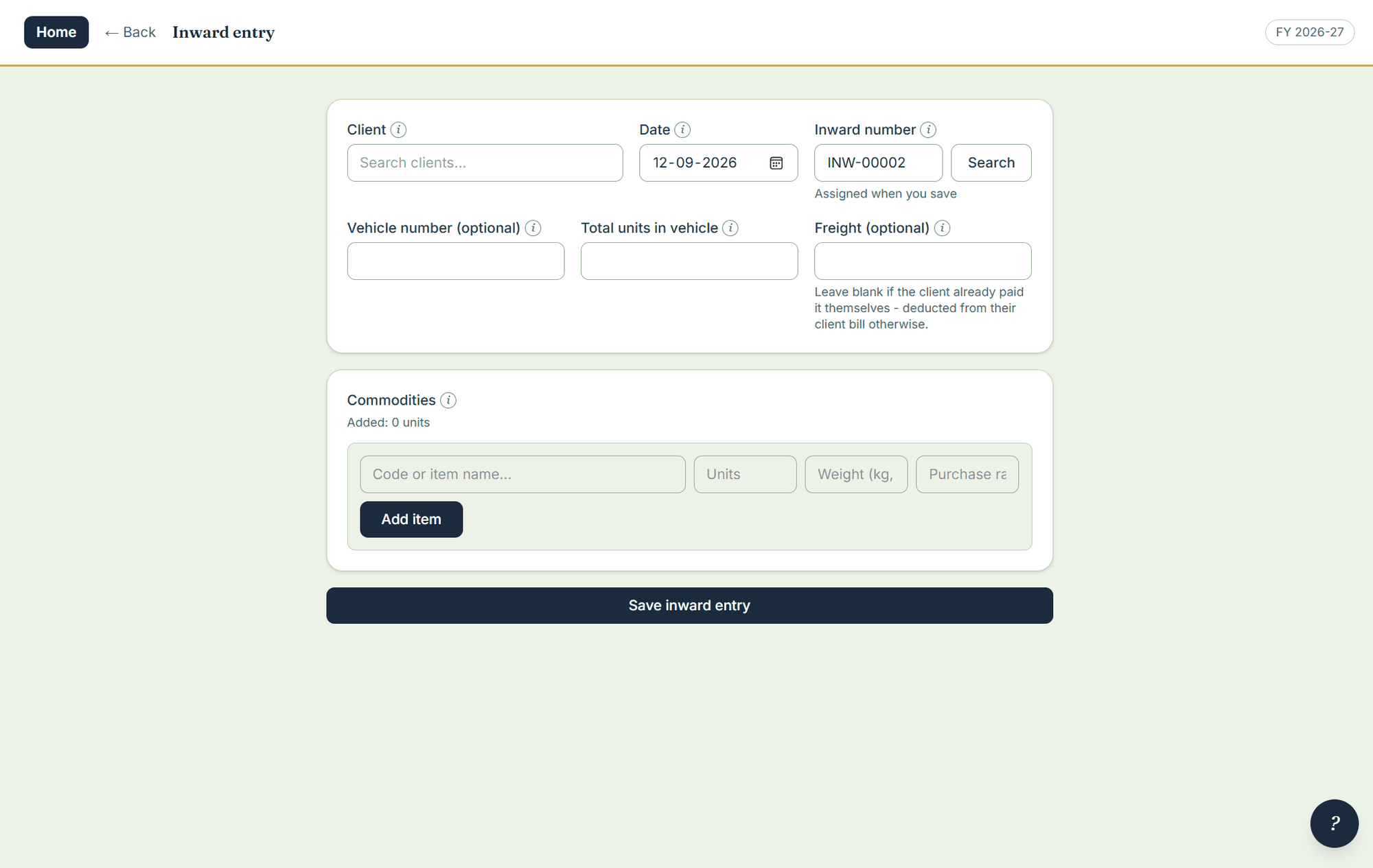 The inward entry screen with client, date, inward number, vehicle number, total units, freight and commodities