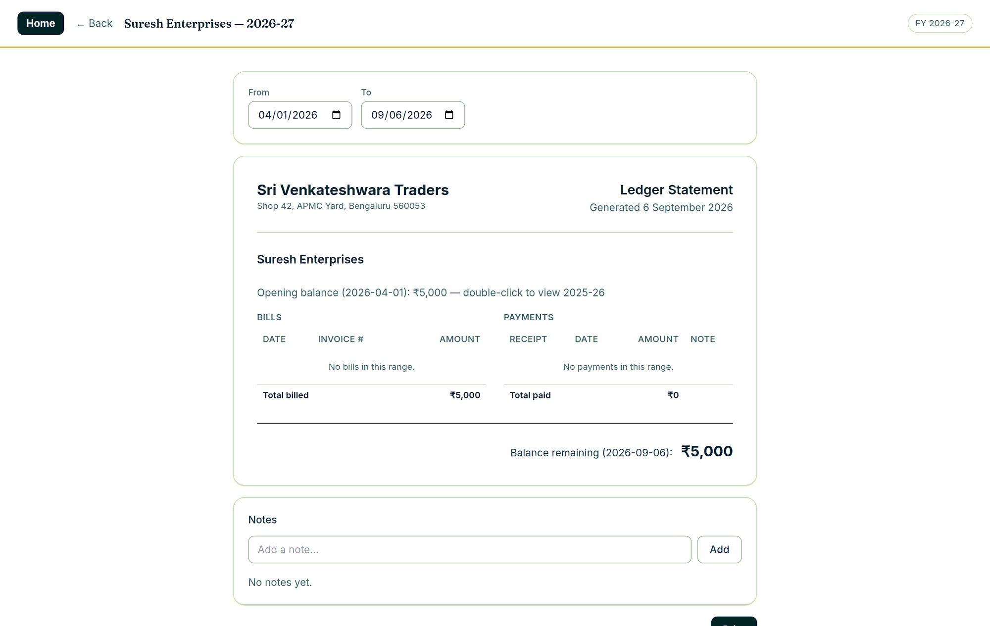 A printed ledger statement for one customer