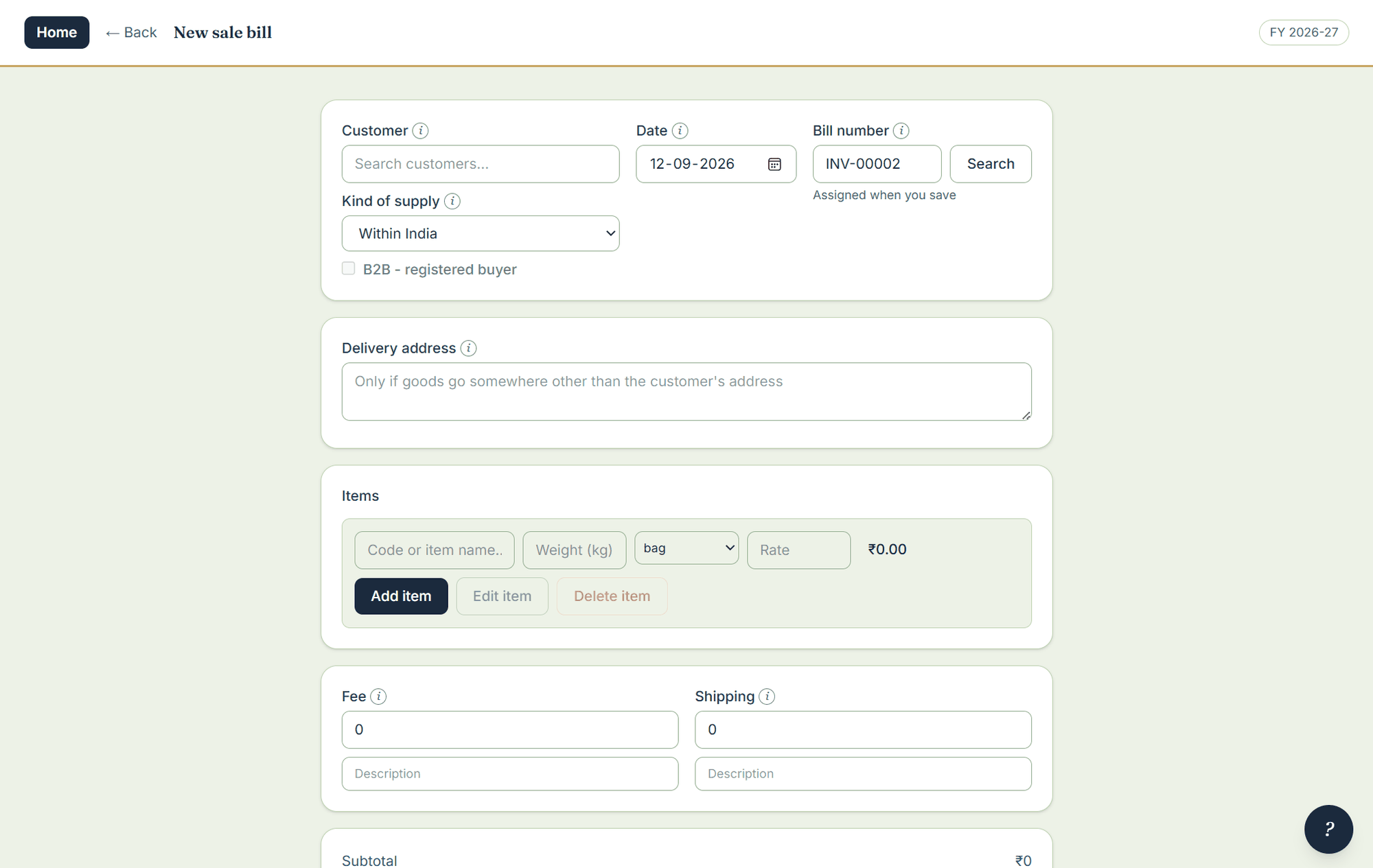 New sale bill with two line items, a rate correction and the running total