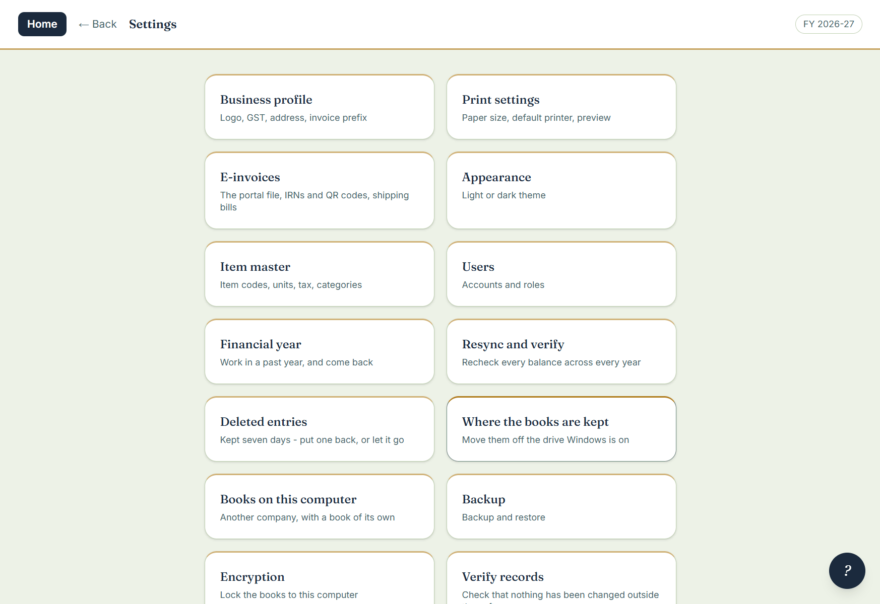The settings screen with business profile, print settings, e-invoices, appearance, item master, users, financial year, resync, deleted entries, book location, backup, encryption, verify records and changes log