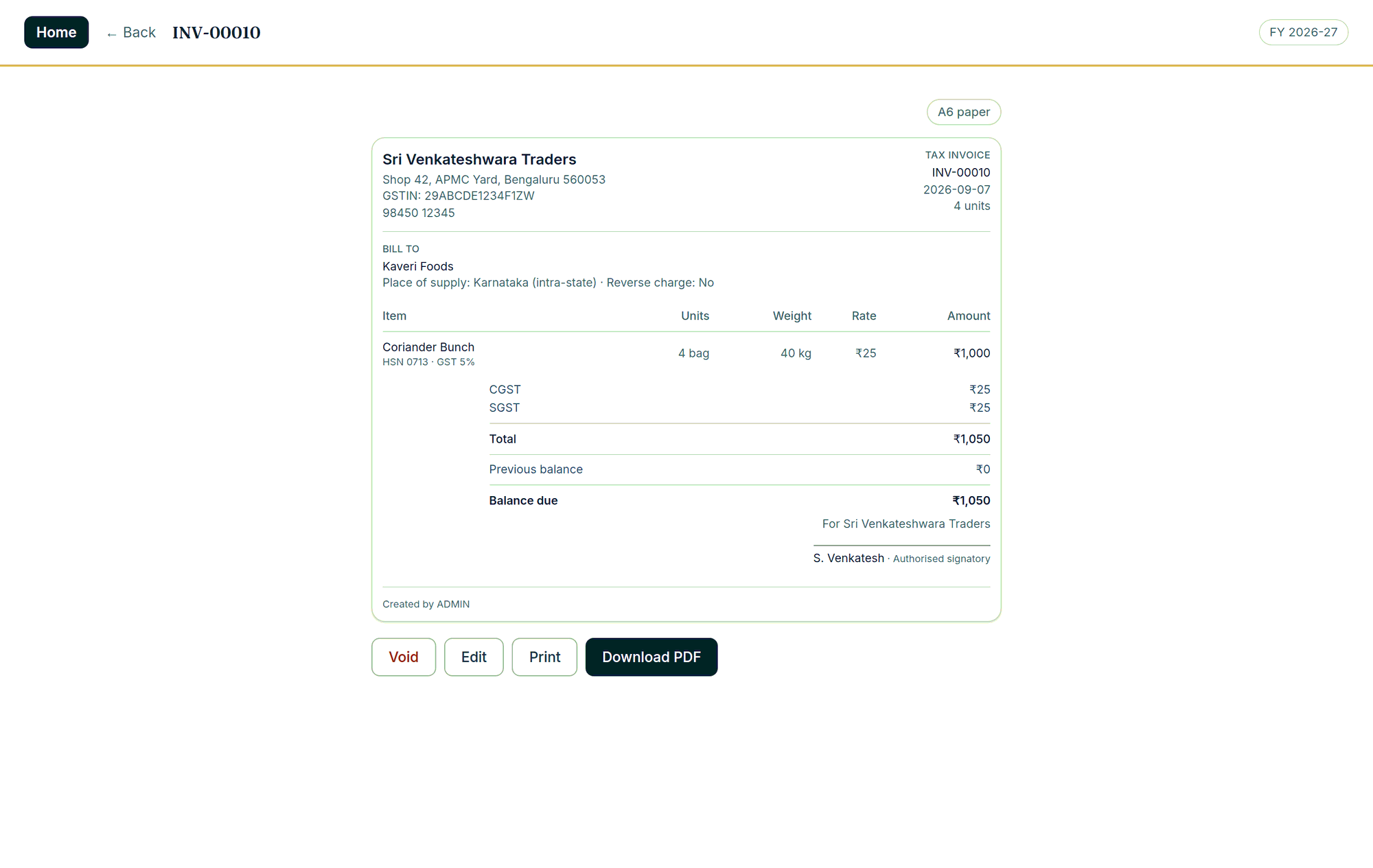 A printed tax invoice showing GSTIN, place of supply, HSN, CGST and SGST, previous balance and balance due